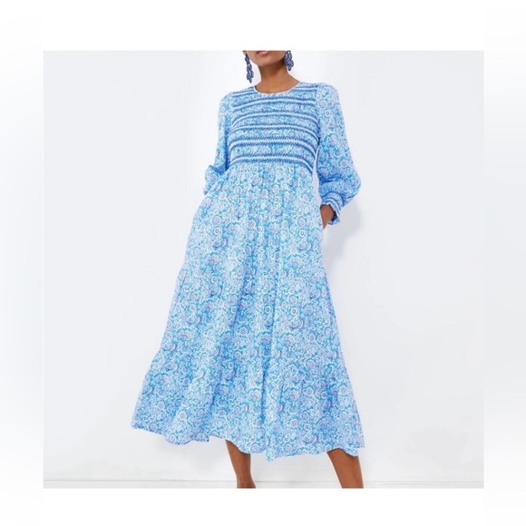 Pink City Prints Isabel Dress XS NWT Ornate Sky Blue Cotton Midi Smocked - Picture 2 of 13